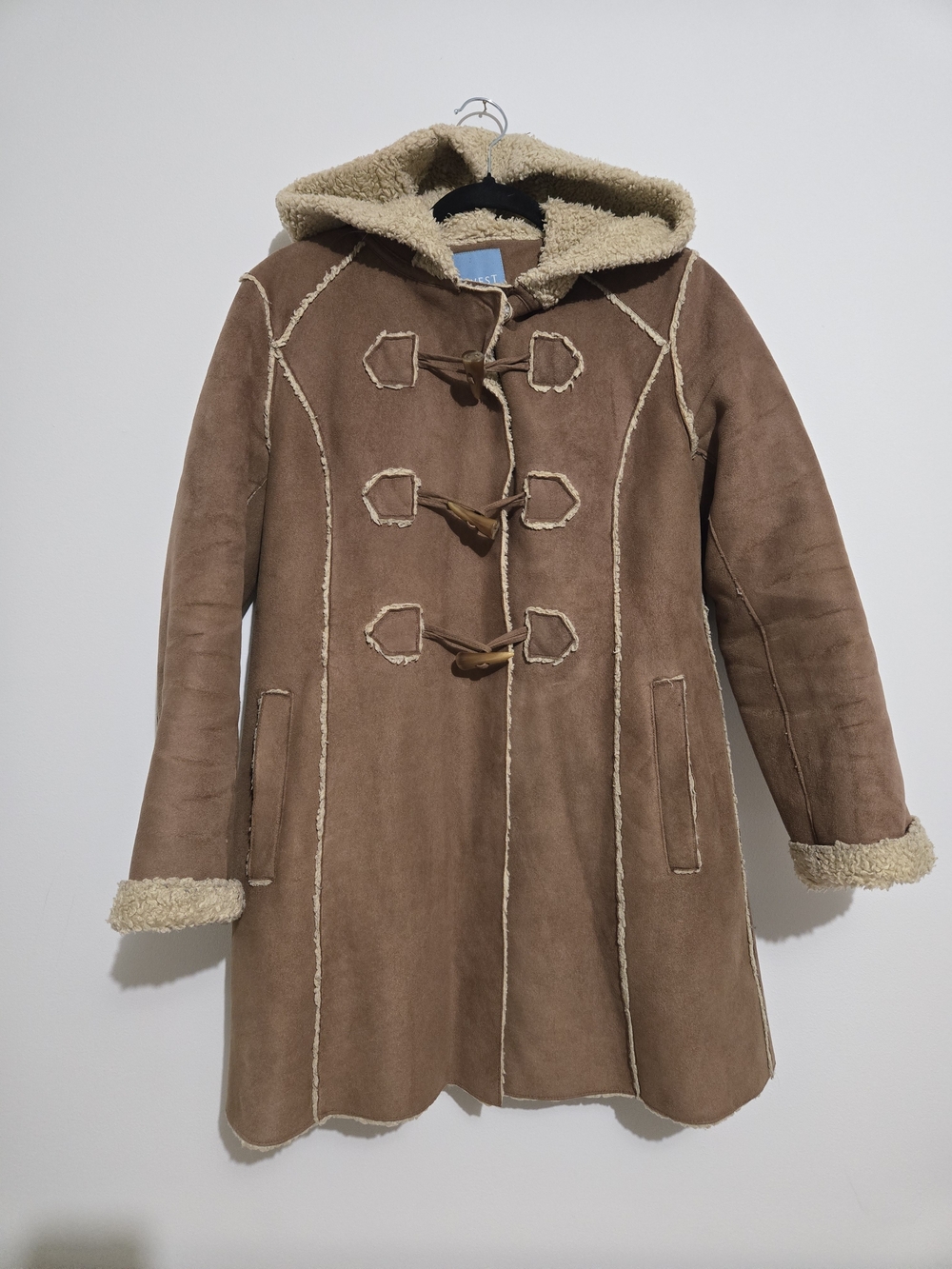 Women's Hooded Shearling Toggle Coat - Brown